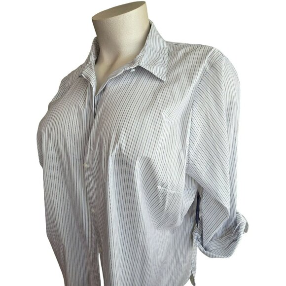 Womens Button-Up Collared Shirt White Blue & Black Pinstripes Size 3X JJ4040 - Picture 2 of 9